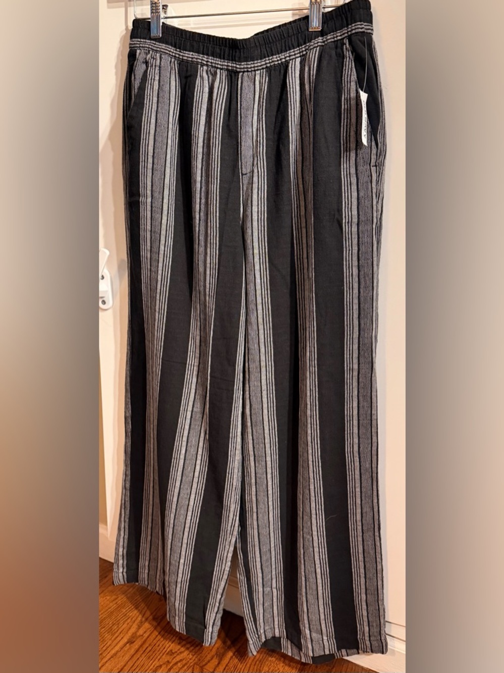 Striped Black and White Women's Wide Leg, Linen-Cotton Pants